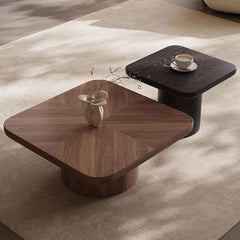 Modern Two-Tone Layered Walnut & Black Coffee Table with Hidden Storage Drawer