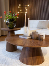 Modern Round Walnut Pedestal Coffee Table Set with Sunburst Top Detail