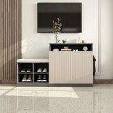 Modern Entryway Shoe Storage Set - Fluted Cabinet & Upholstered Bench Combo