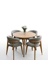 Nordic Round Natural Oak Dining Table with 4 Grey Bouclé Curved Chairs Set