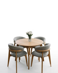 Nordic Round Natural Oak Dining Table with 4 Grey Bouclé Curved Chairs Set