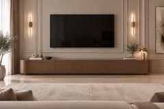 Modern Ultra-Wide Walnut TV Console with Curved Edges & Concealed Storage Drawers