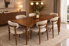 Contemporary 6-Seater Pill-Shaped Walnut Dining Table with Double Pillar Base & Cream Chairs