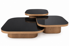 Luxury 3-Tier Layered Nesting Coffee Table with Black Tempered Glass & Light Oak Trim