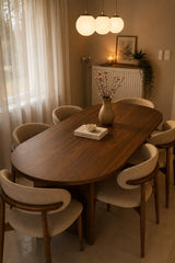 Mid-Century Modern 6-Seater Oval Walnut Dining Table Set with Textured Light Gray Bouclé Chairs