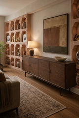 Mid-Century Modern 4-Door Walnut Console Credenza with Tapered Legs