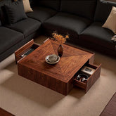 Modern Geometric Walnut Coffee Table with Hidden Side Storage Drawers