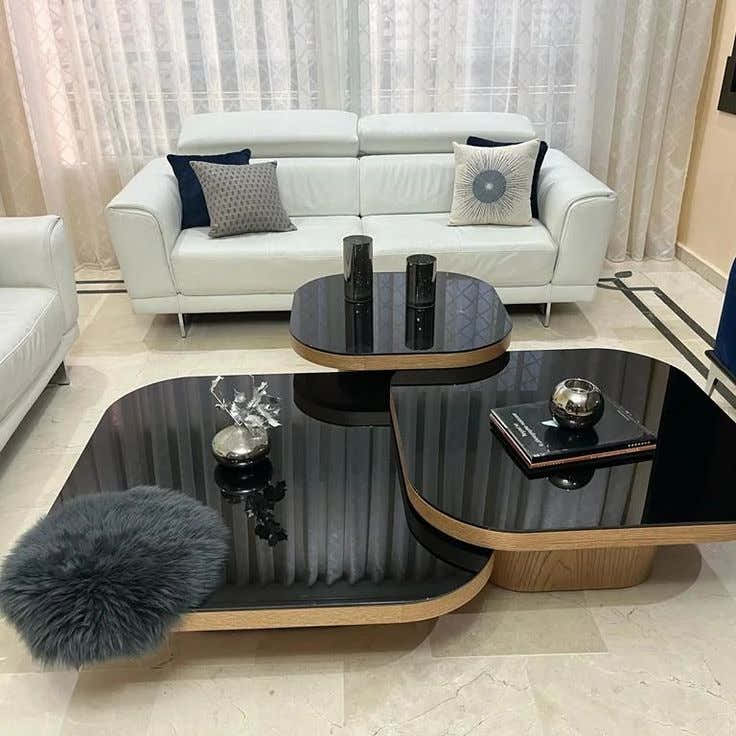 Luxury 3-Tier Layered Nesting Coffee Table with Black Tempered Glass & Light Oak Trim