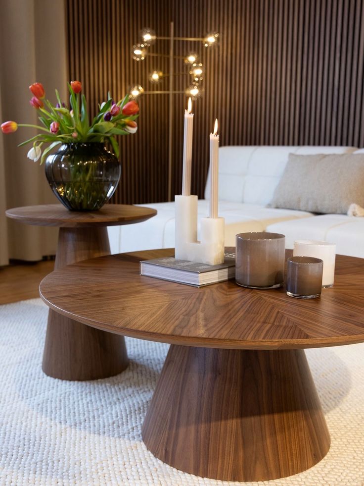 Modern Round Walnut Pedestal Coffee Table Set with Sunburst Top Detail