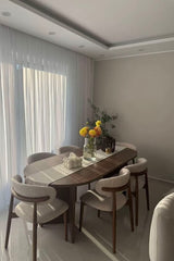 Mid-Century Modern 6-Seater Oval Walnut Dining Table Set with Textured Light Gray Bouclé Chairs