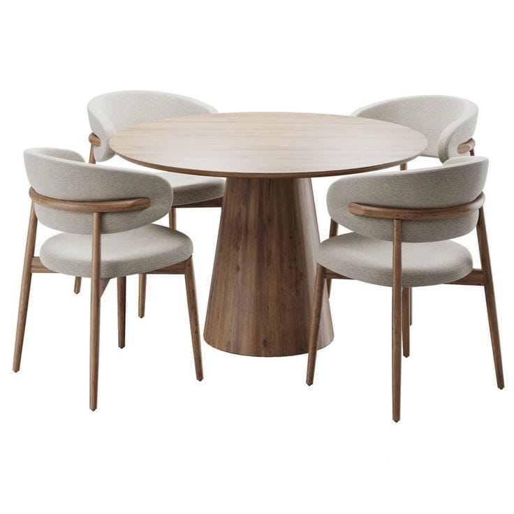 Minimalist 4-Seater Round Walnut Pedestal Dining Table with Beige Curved Accent Chairs