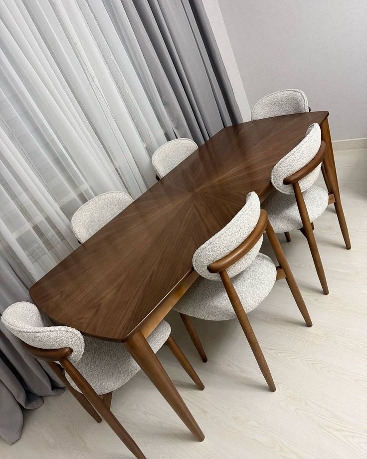 Contemporary 6-Seater Pill-Shaped Walnut Dining Table with Double Pillar Base & Cream Chairs