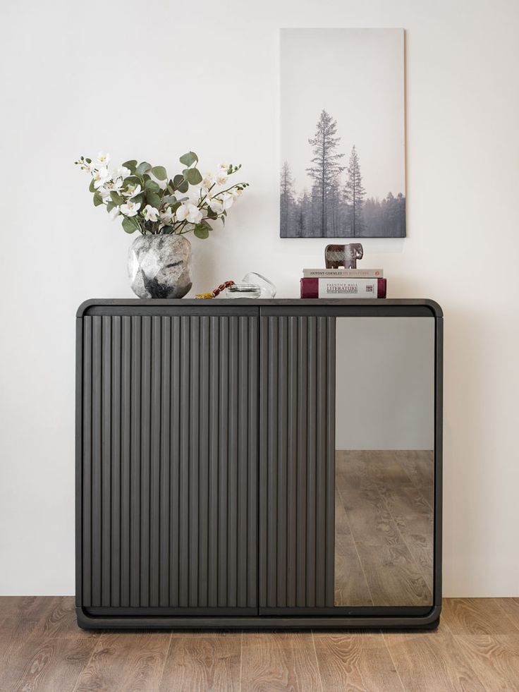 Modern Dark Charcoal Fluted Sideboard Cabinet with Tinted Glass Door