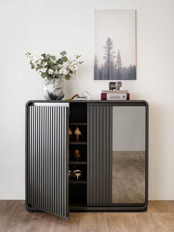 Modern Dark Charcoal Fluted Sideboard Cabinet with Tinted Glass Door