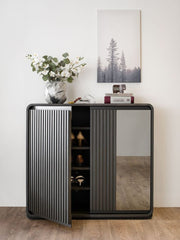 Modern Dark Charcoal Fluted Sideboard Cabinet with Tinted Glass Door