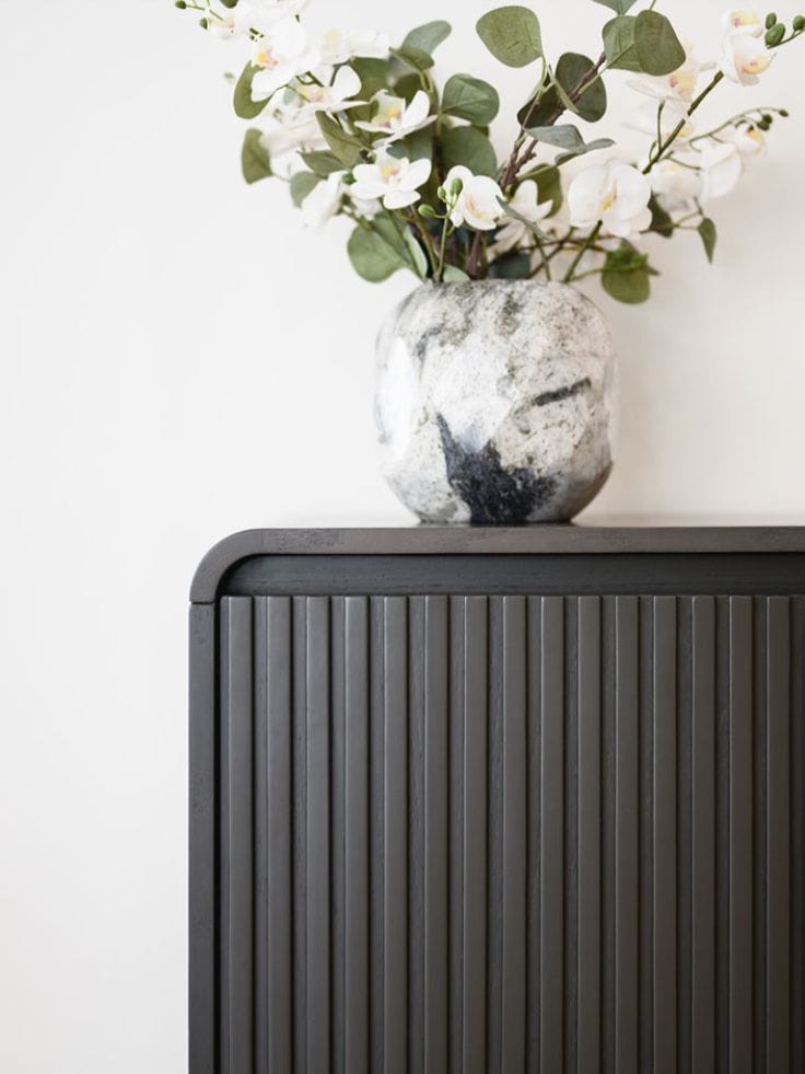 Modern Dark Charcoal Fluted Sideboard Cabinet with Tinted Glass Door