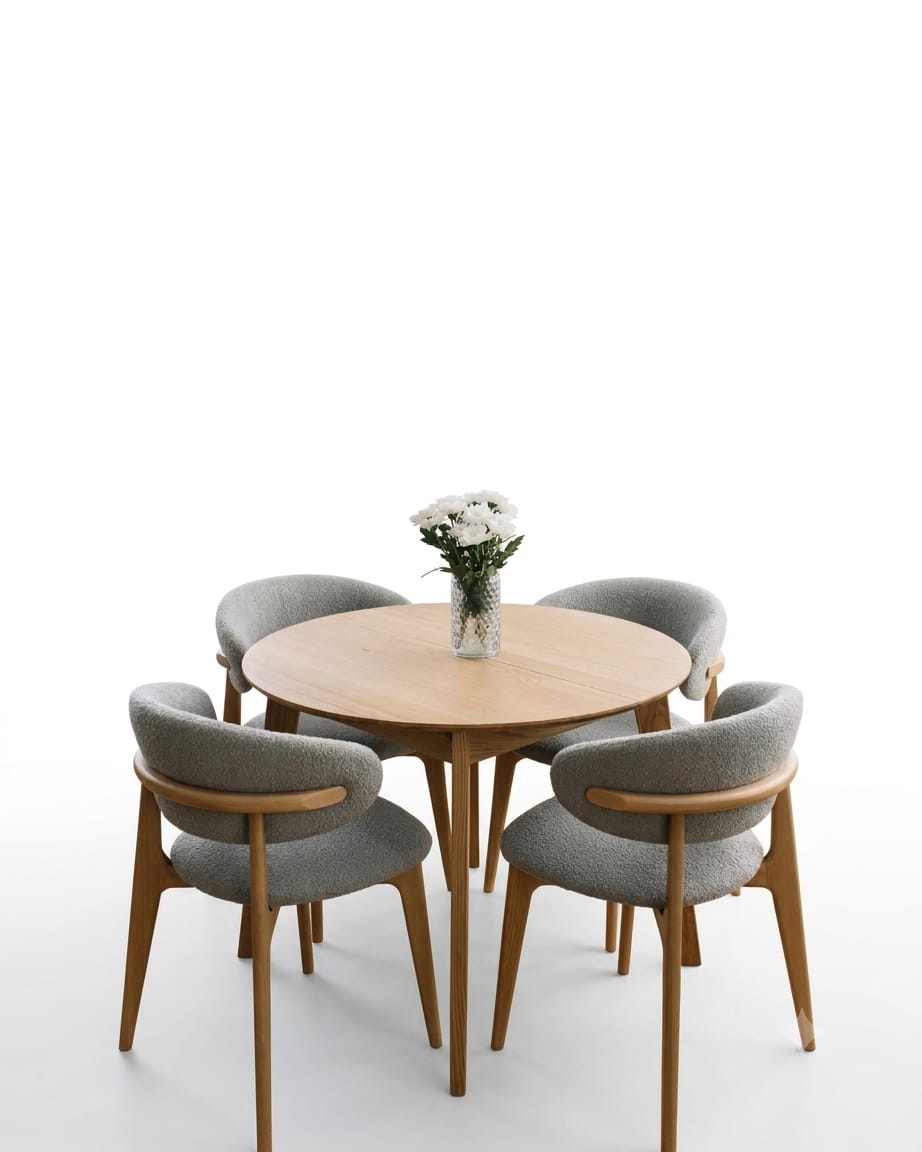 Nordic Round Natural Oak Dining Table with 4 Grey Bouclé Curved Chairs Set