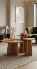 Japandi Trio Nesting Round Oak Coffee & Accent Table Set (Set of 3)