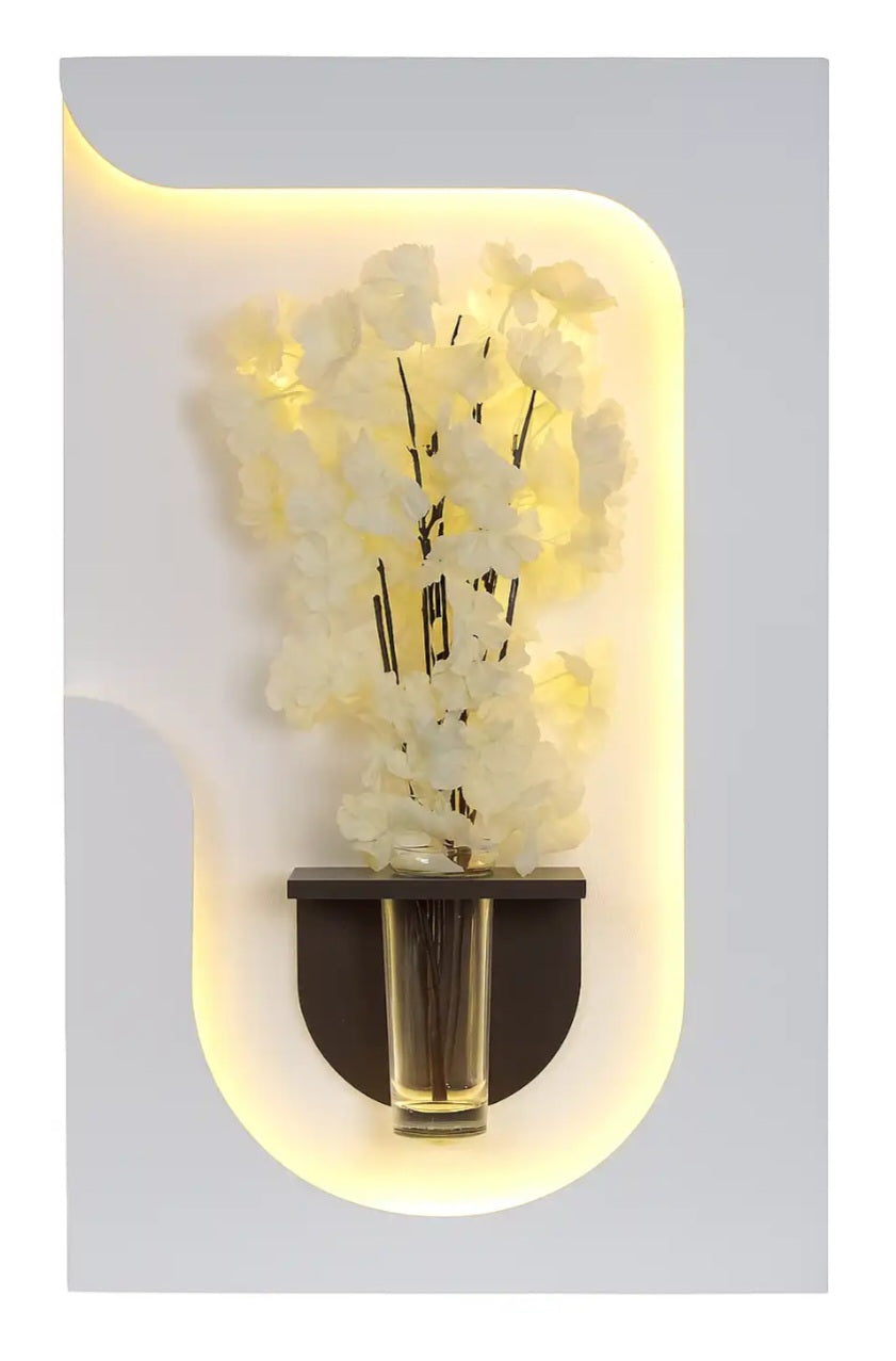 Modern LED Illuminated Fluid Frame Wall Sconce with Glass Vase & White Floral Bouquet