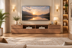 Minimalist Extra-Wide Walnut TV Stand with 6-Drawer Storage & Open Media Shelves