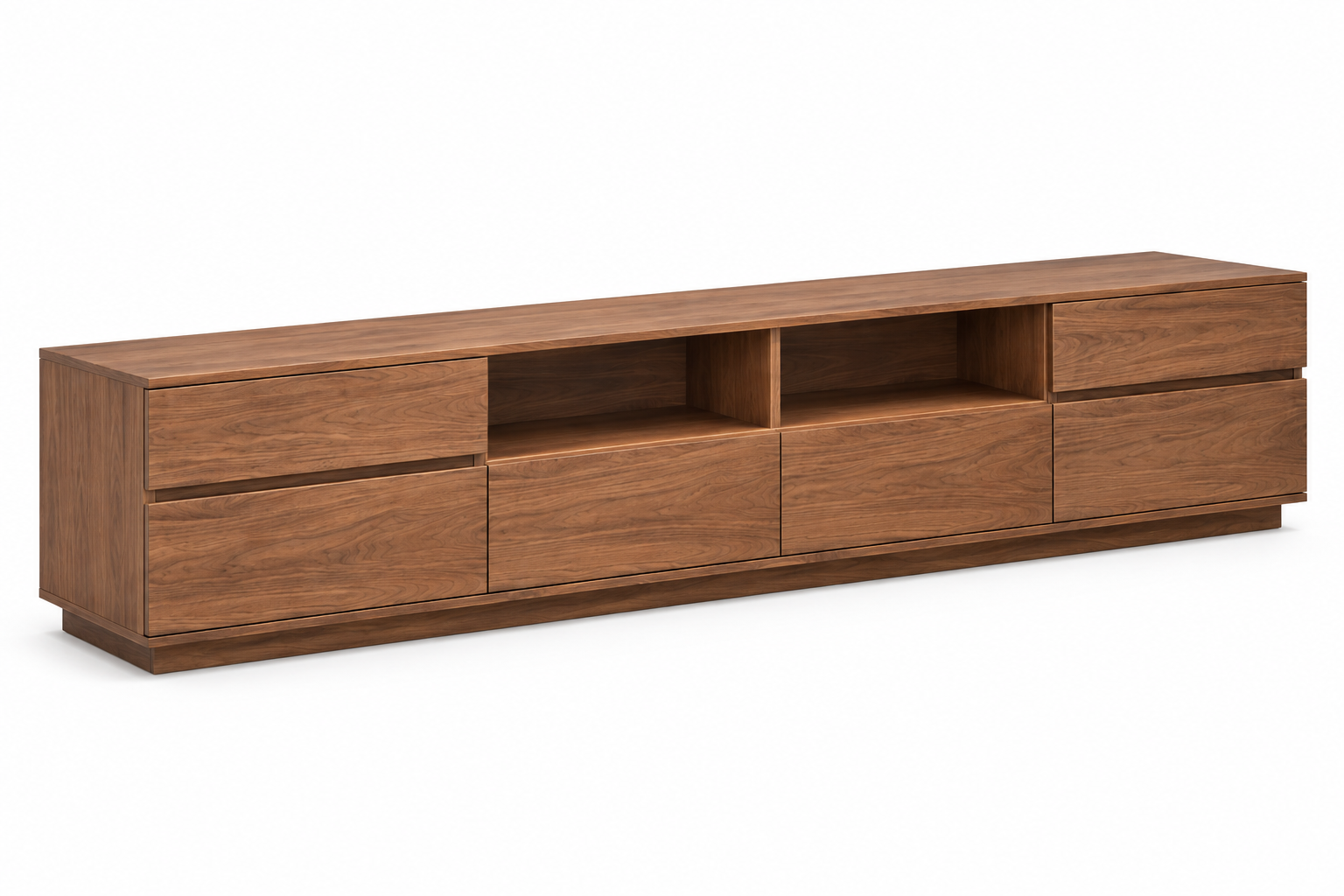 Minimalist Extra-Wide Walnut TV Stand with 6-Drawer Storage & Open Media Shelves