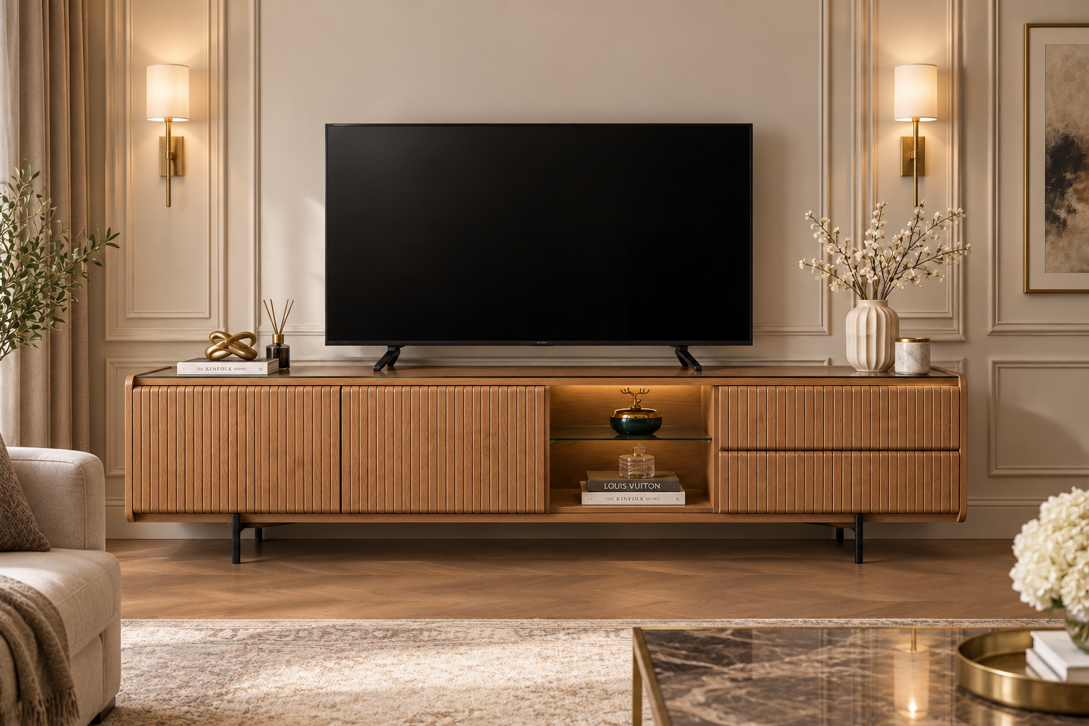 Modern Fluted Solid Oak TV Console with Tempered Glass Top & Soft LED Display Shelf