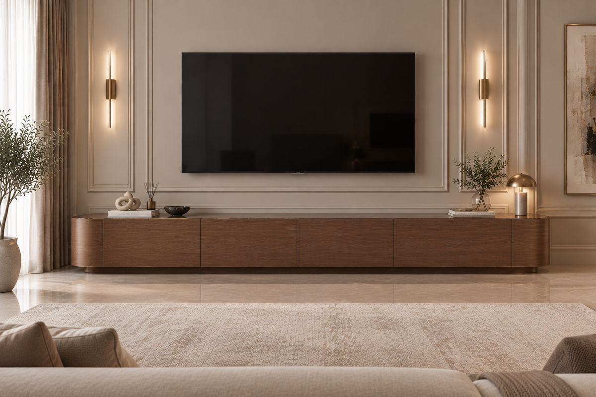 Modern Ultra-Wide Walnut TV Console with Curved Edges & Concealed Storage Drawers
