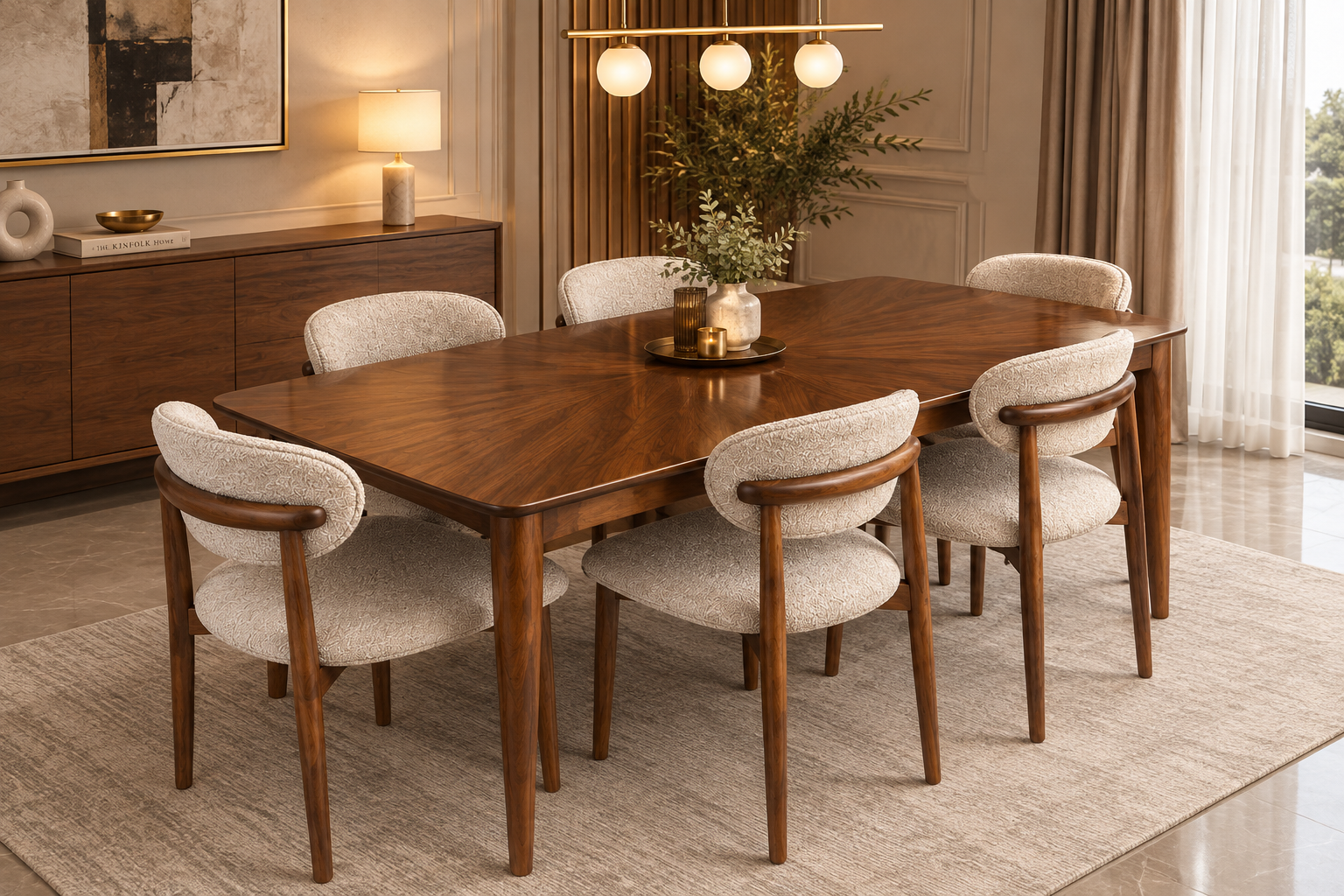 Contemporary 6-Seater Pill-Shaped Walnut Dining Table with Double Pillar Base & Cream Chairs