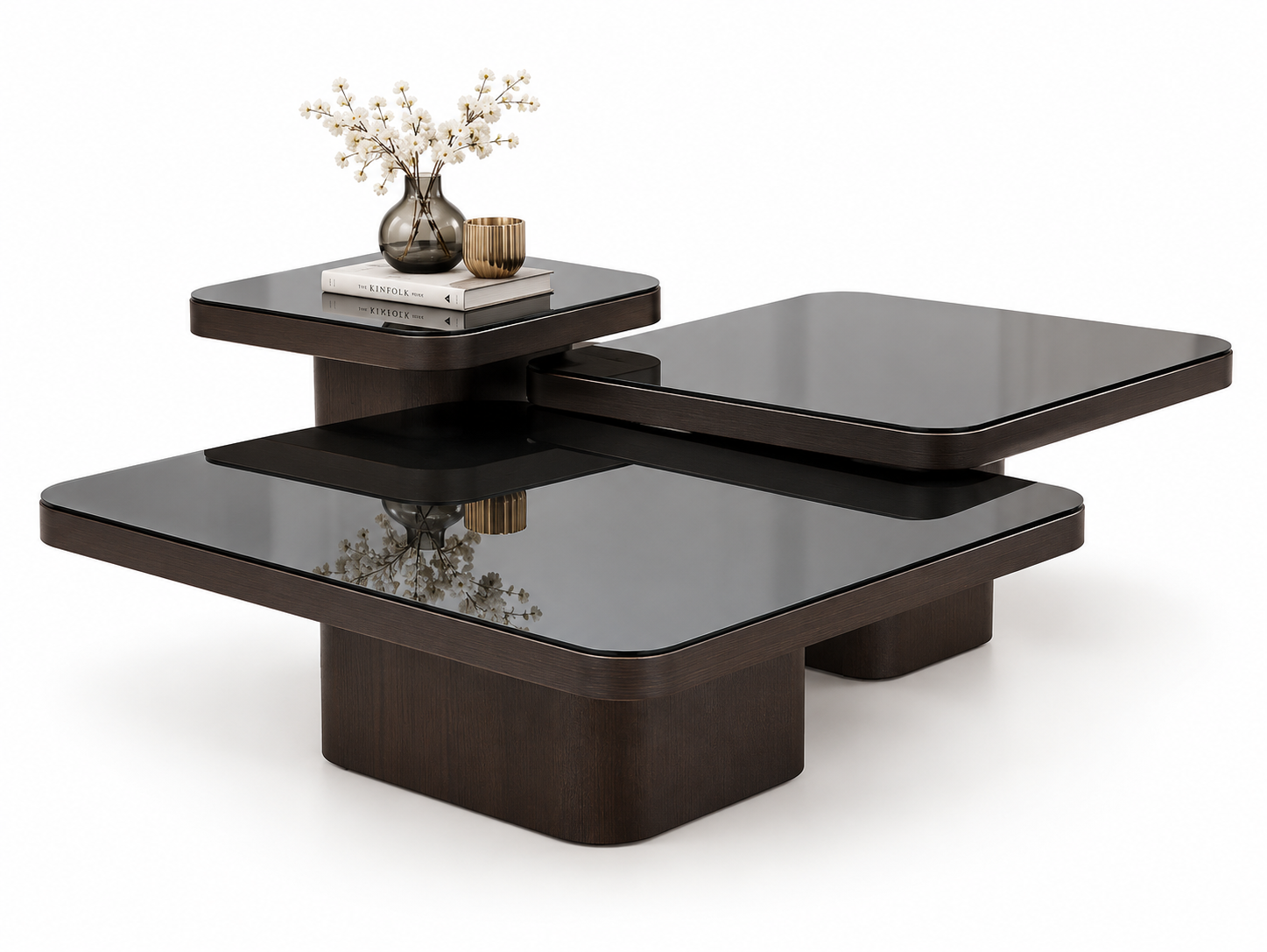 Minimalist Soft-Square Nesting Coffee Tables in Natural Walnut & Black Oak