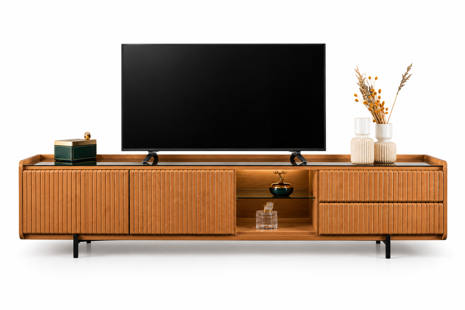 Modern Fluted Solid Oak TV Console with Tempered Glass Top & Soft LED Display Shelf