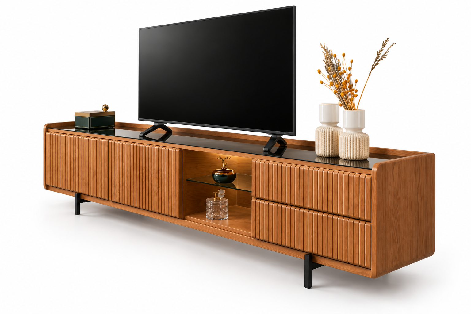 Modern Fluted Solid Oak TV Console with Tempered Glass Top & Soft LED Display Shelf