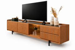 Modern Fluted Solid Oak TV Console with Tempered Glass Top & Soft LED Display Shelf