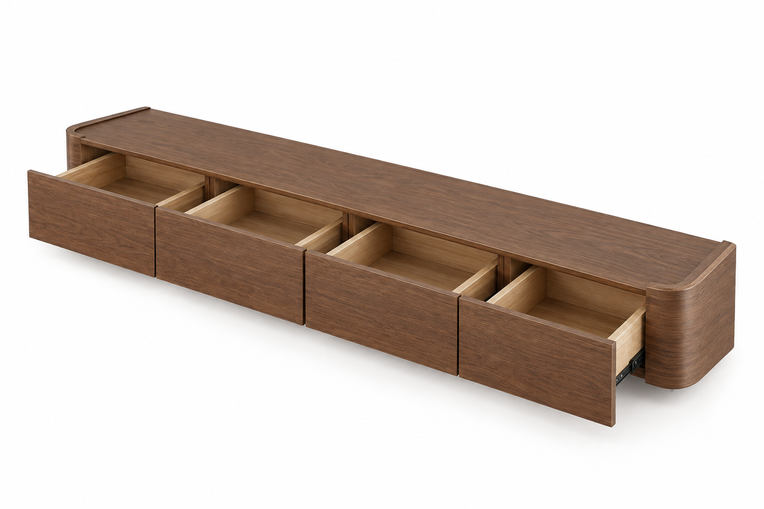 Modern Ultra-Wide Walnut TV Console with Curved Edges & Concealed Storage Drawers