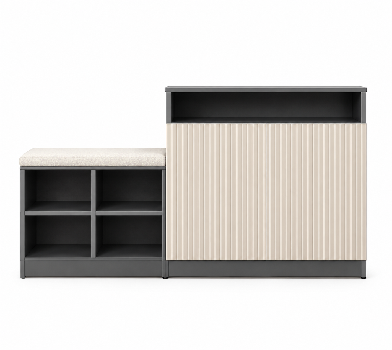 Modern Entryway Shoe Storage Set - Fluted Cabinet & Upholstered Bench Combo