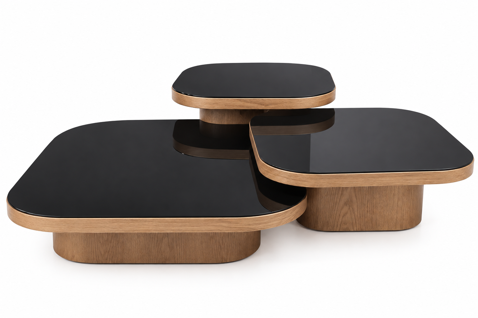 Luxury 3-Tier Layered Nesting Coffee Table with Black Tempered Glass & Light Oak Trim