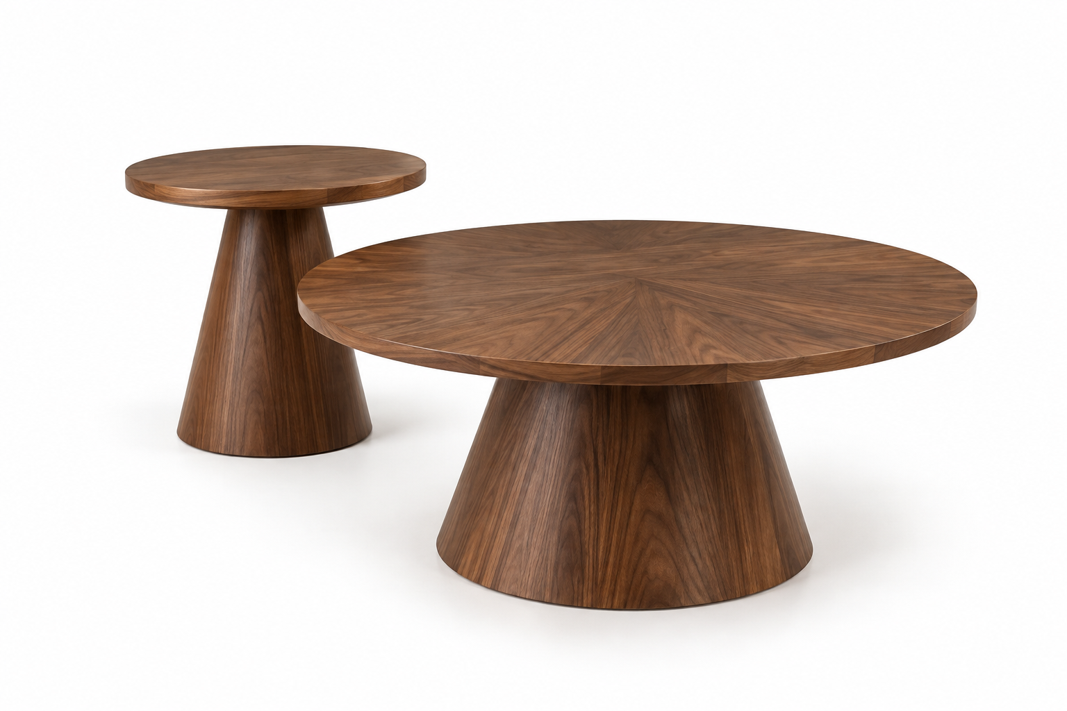 Modern Round Walnut Pedestal Coffee Table Set with Sunburst Top Detail