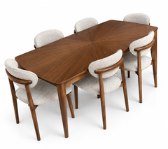 Contemporary 6-Seater Pill-Shaped Walnut Dining Table with Double Pillar Base & Cream Chairs