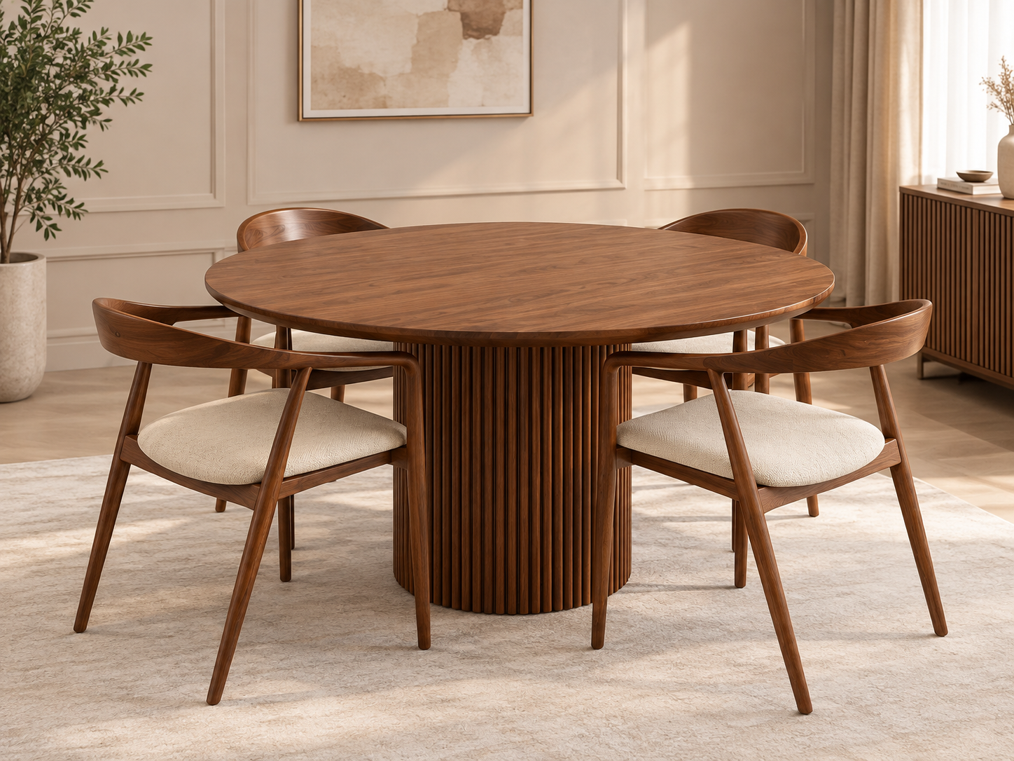 Nordic Natural Light Oak Rectangular Dining Table with 6 Matching Wooden Armchairs