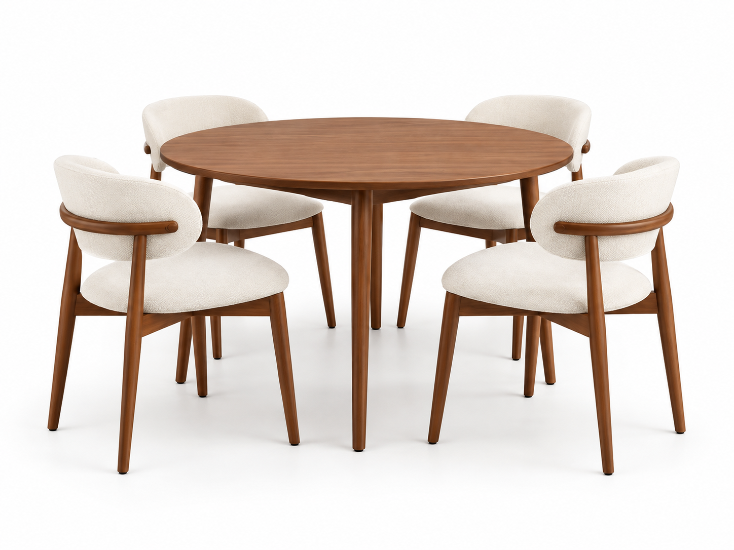 Nordic Round Natural Oak Dining Table with 4 Grey Bouclé Curved Chairs Set