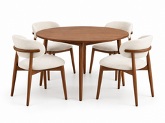 Nordic Round Natural Oak Dining Table with 4 Grey Bouclé Curved Chairs Set