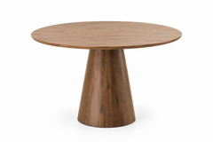 Minimalist 4-Seater Round Walnut Pedestal Dining Table with Beige Curved Accent Chairs