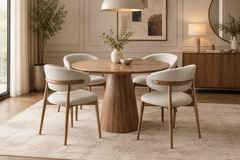 Minimalist 4-Seater Round Walnut Pedestal Dining Table with Beige Curved Accent Chairs