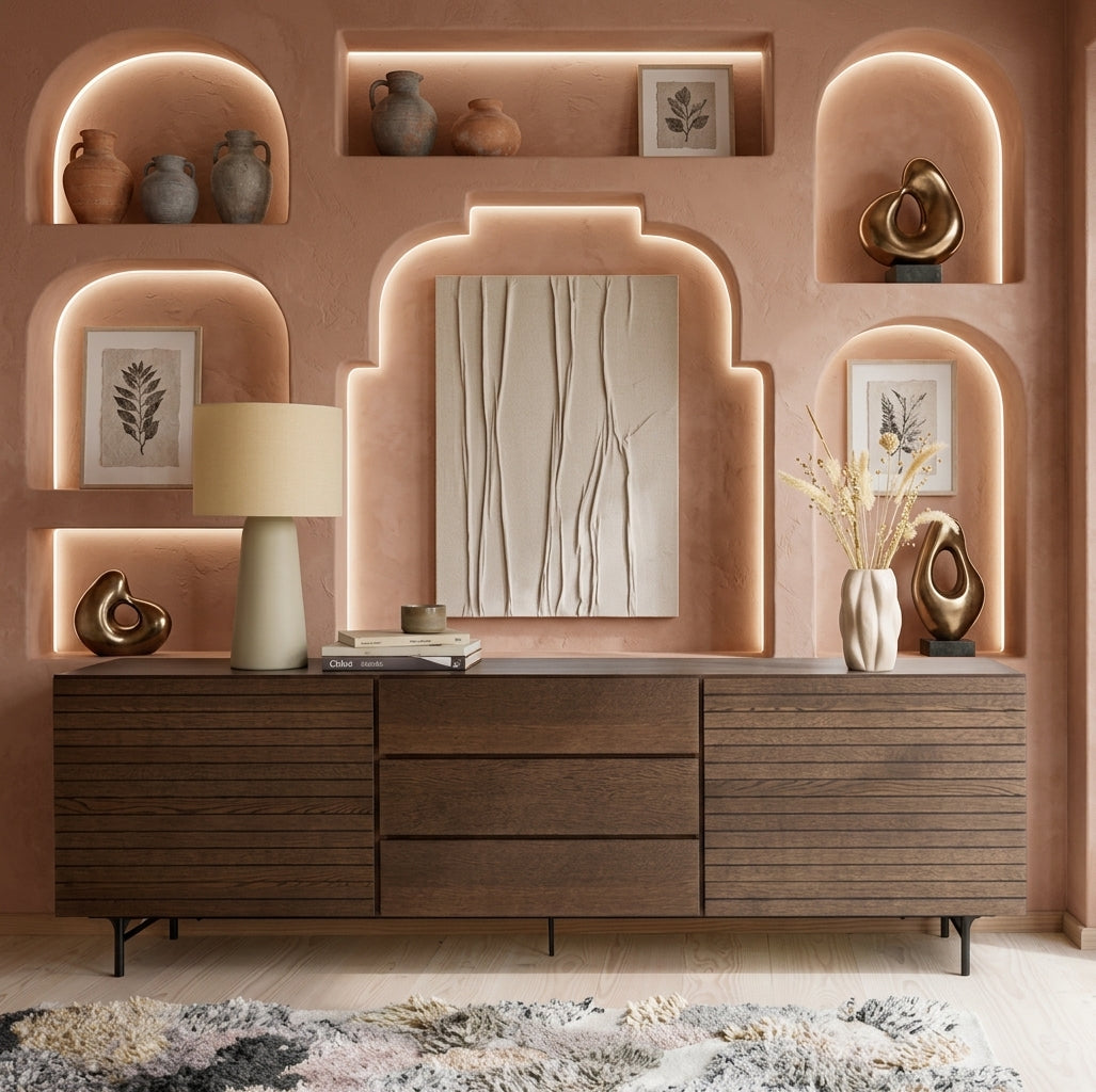 Modern Dark Walnut Slatted Sideboard Cabinet with Drawers & Metal Legs