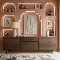 Modern Dark Walnut Slatted Sideboard Cabinet with Drawers & Metal Legs