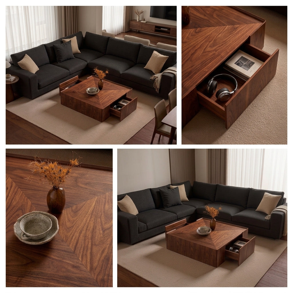 Modern Geometric Walnut Coffee Table with Hidden Side Storage Drawers