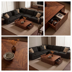 Modern Geometric Walnut Coffee Table with Hidden Side Storage Drawers