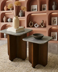 Contemporary Walnut Finish Nesting Side Tables with Faux Grey Marble Top (Set of 2)