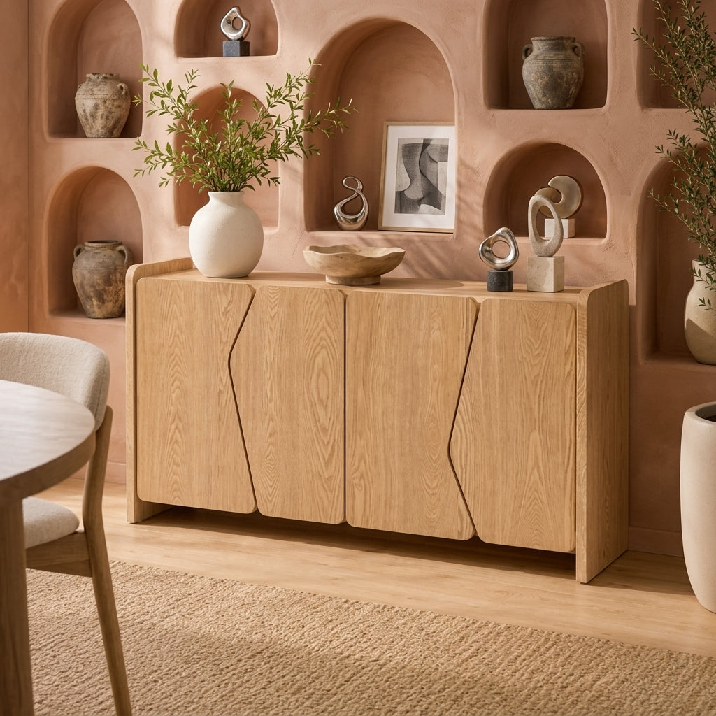 Japandi Natural Oak Sideboard with Geometric Angular Door Panels